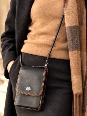 🎁Vintage Black Leather Festival Crossbody Bag • Phone Organizer •The Trend Italy